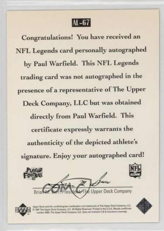 1997 Upper Deck NFL Legends Auto Paul Warfield #AL-67 Auto HOF - Image 2 of 2