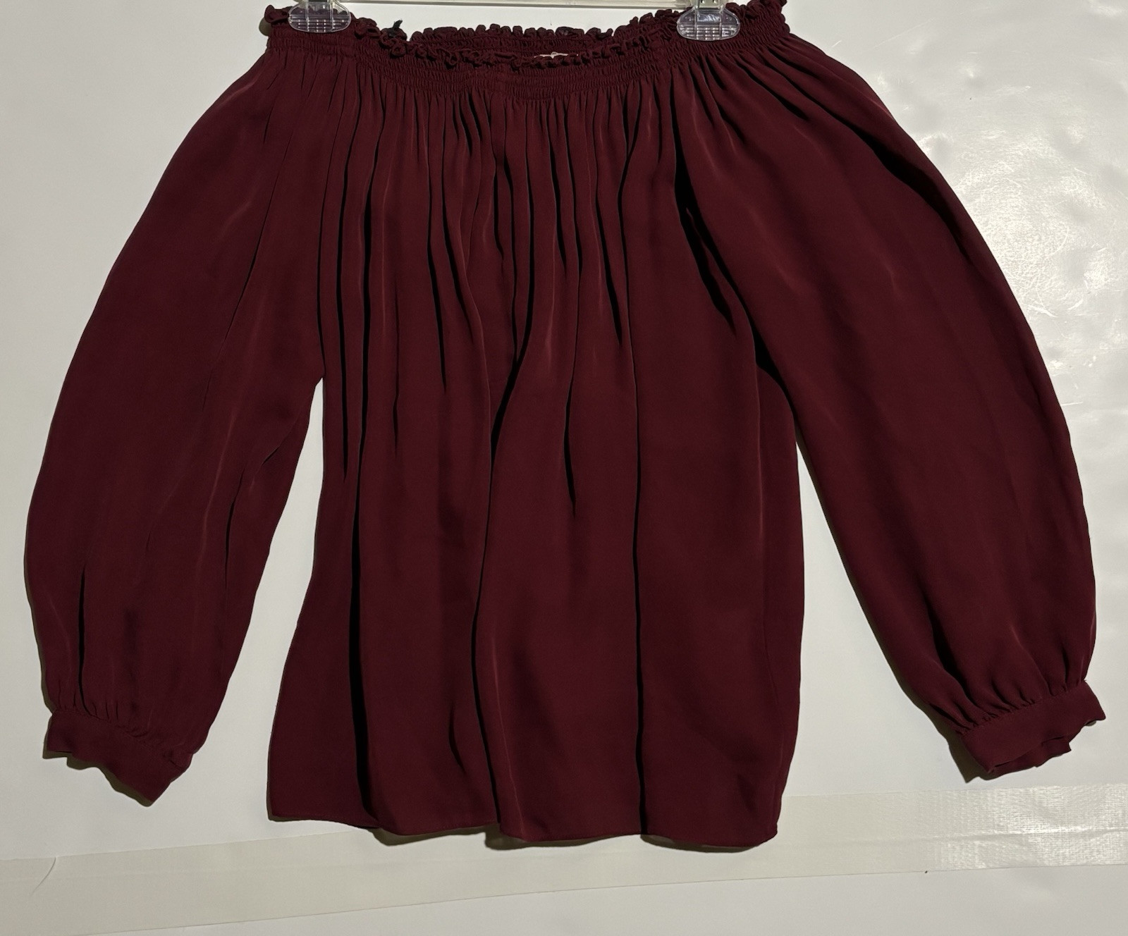 Nicole Miller Petite Red Wine Ruffle Neck Puffy Sleeve Blouse  