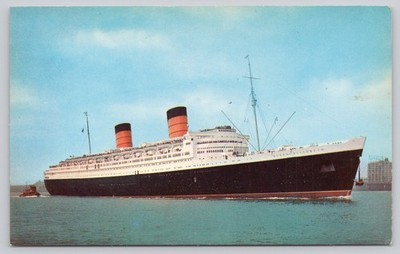 R.M.S. Queen Elizabeth Photochrome Postcard New York Harbor