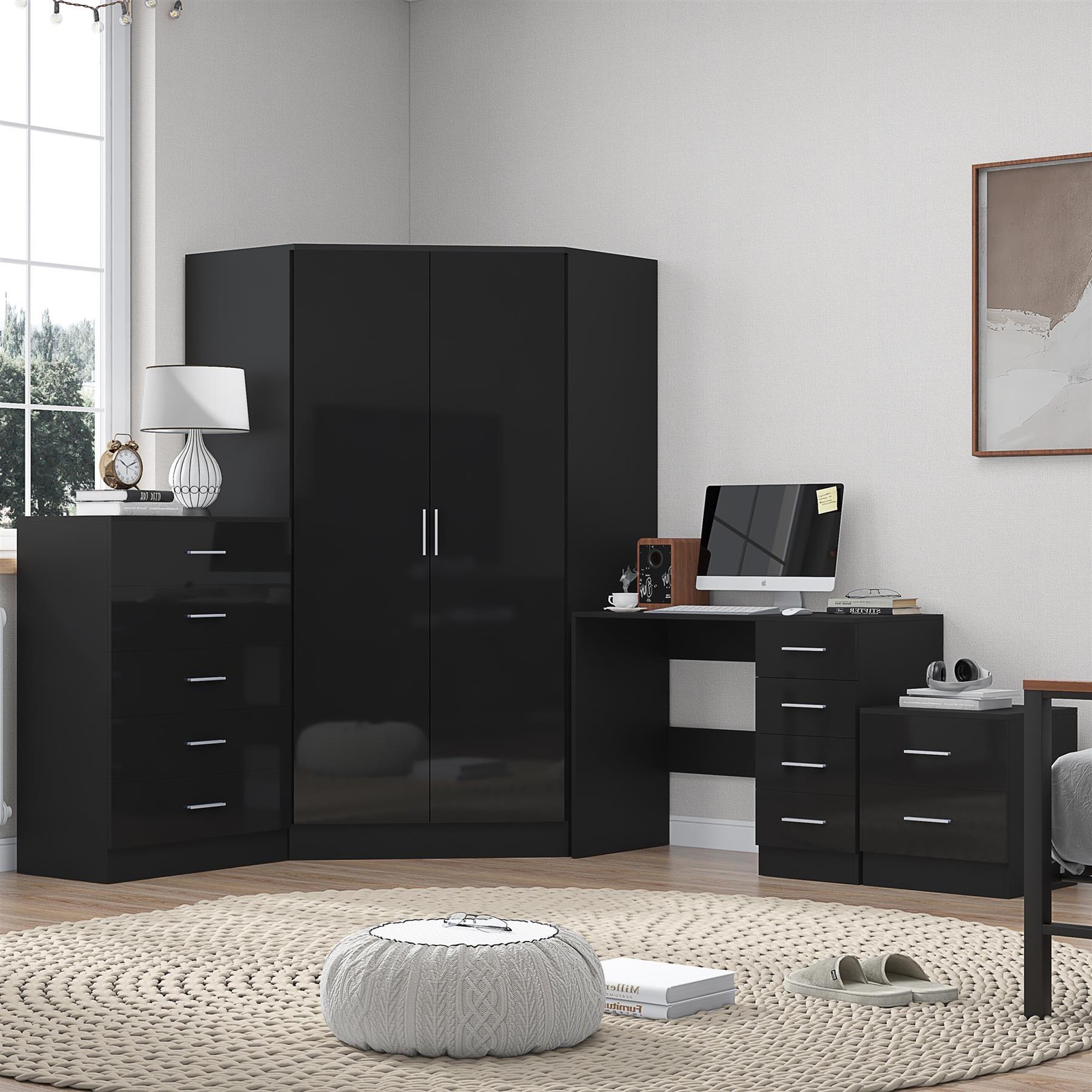 REFLECT Corner Wardrobe + 5 Drawer Chest + Bedside + Desk - Black/Black
