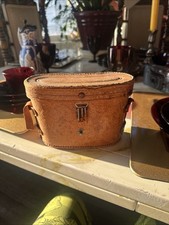 Vintage Brown Leather Binocular Case, Red Lining With Binoculars