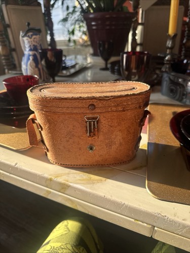 Vintage Brown Leather Binocular Case, Red Lining With Binoculars