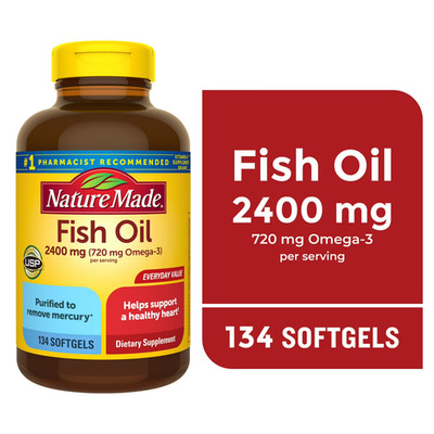 Nature Made Fish Oil 2400mg Omega 3 Softgels, 134 Count for Heart Health
