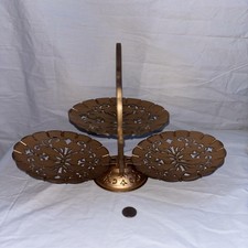Vintage MCM Gold Metal 3-Tier Folding Serving Tray Filigree Cutout Tidbit Stand