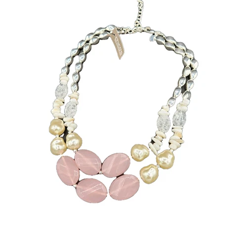 VETEMENTS Collana Chicos Chic Moderna Argento Trasparente Bianco Rosa Perline Doppio Filo Nuova con etichette