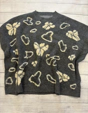 Anthropologie Sweater Womens One Size Gray Cream Heart Floral Pullover Cozy
