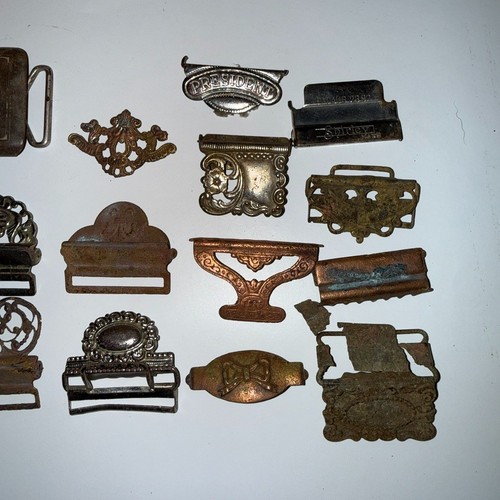 19pc Antique Victorian Gents Suspender Buckle Lot Brass Nickel Filigree 1892 Pat - Picture 5 of 7