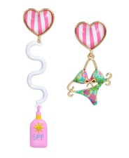 BETSEY JOHNSON BIKINI SUNSCREEN STRIPE HEART PINK MULTI MISMATCH EARRINGS +BOX