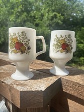 Two Vintage Fire King "Spice Of Life" Milk Glass Footed Coffee Mugs White Sturdy