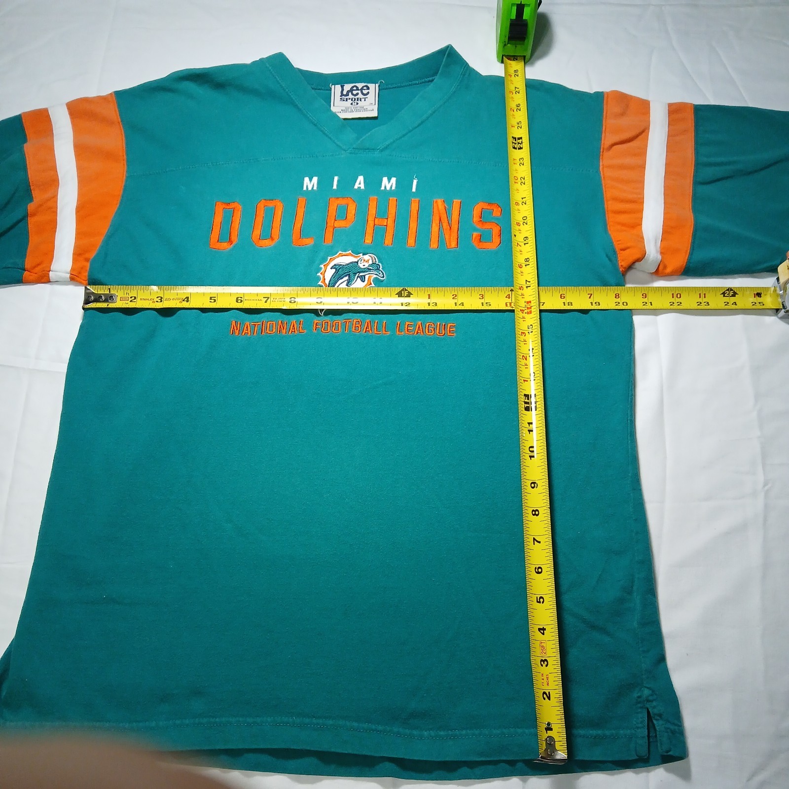 90s Lee Sport Embroidered Miami Dolphins T Shirt Teal w/ Striped Sleeves Medium thumbnail 6