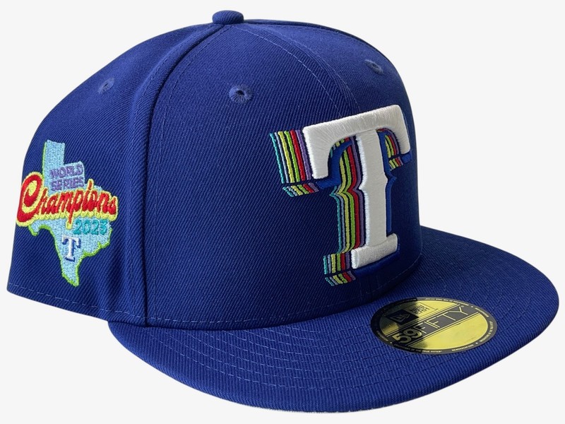 New Era Texas Rangers Blue Fitted 59Fifty Side Patch Baseball Hat - Size 7 1/2
