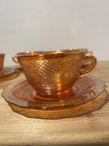4 Federal Marigold Orange Iridescent Depression Glass 'Normandie' Cup and Saucer
