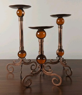 Set/3  Elements Pillar Candle Stands Boho Copper Tone Tuscan Style  Rustic Decor