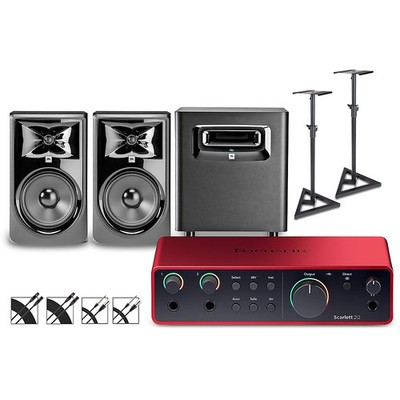 Focusrite Scarlett 2i2 Gen 4  JBL 3 MonitorsLSR SubStandsCables 308MKII