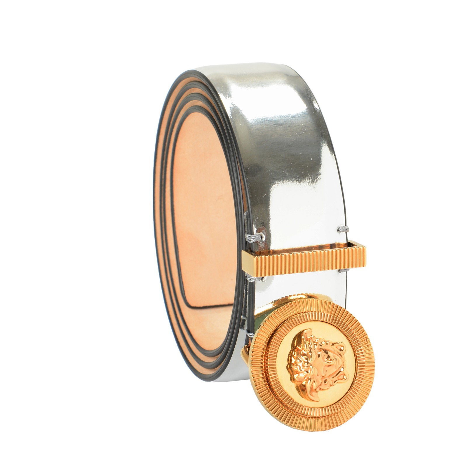 Женский ремень Versace из серебристой кожи с пряжкой украшенной головой Медузы нам 42 по цене 105 61390₽