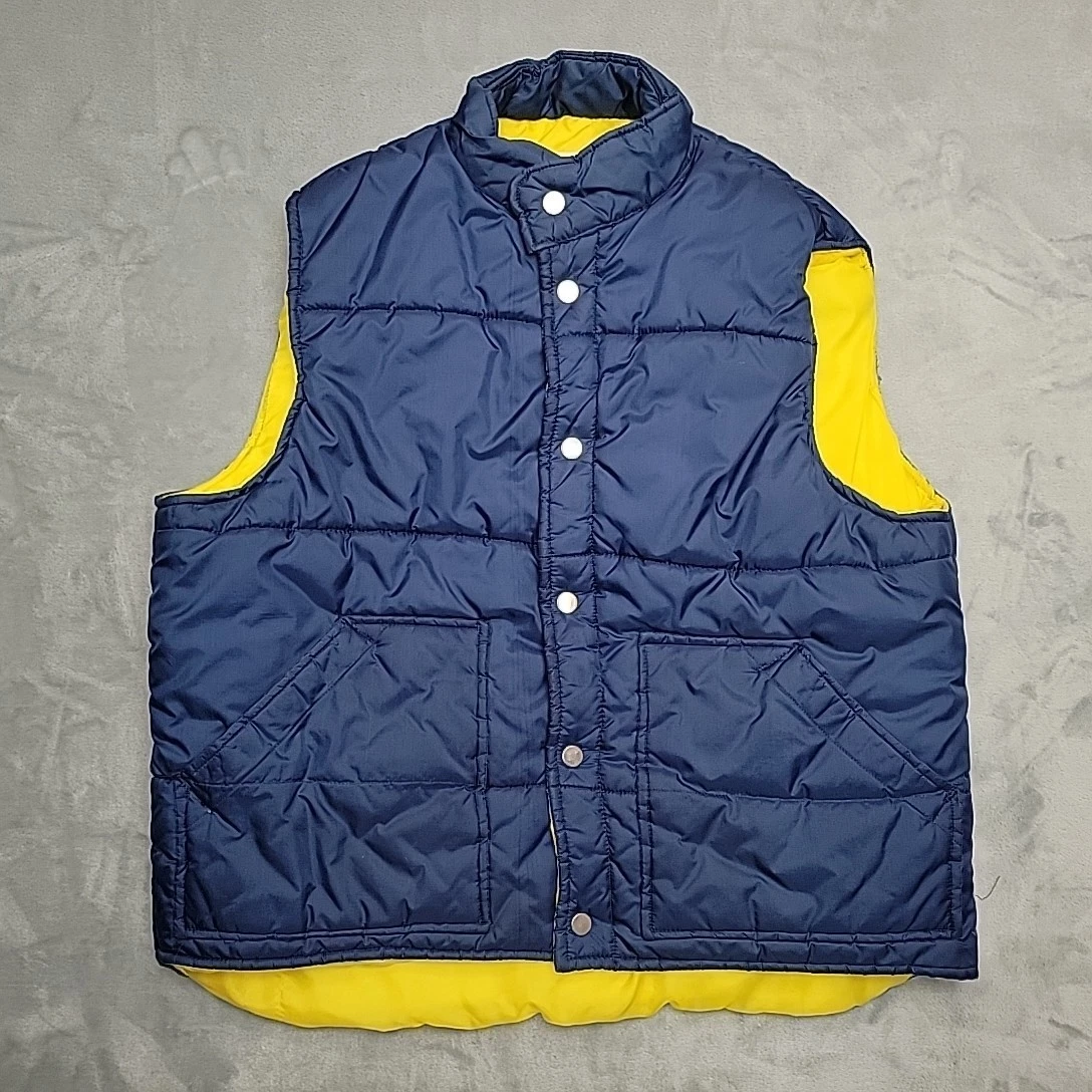 Vintage Montgomery Ward Vest Mens L Blue Yellow Puffer Nylon 70s Outdoor Retro