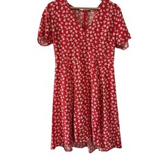 GAP Red Floral Print Short Sleeve V Neck Dress Women Size 10