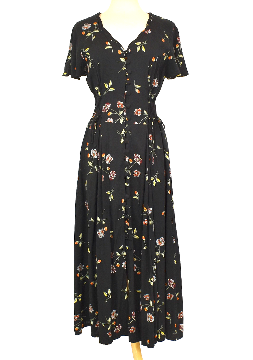navy blue dress for baby girl VTG 90s Lace-Up Sides Tie-Back Floral Rayon Midi Button-Up Dress M-L Grunge  Era