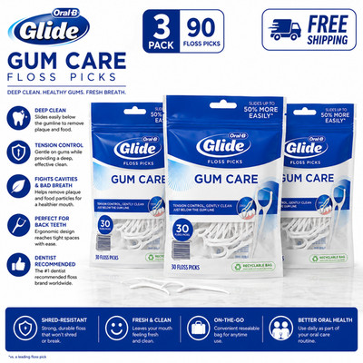 Oral-B Glide Gum Care Dental Floss Picks 30ct Each, 3 Pack, 90 Total