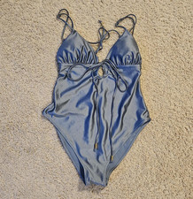 H M Blue One Piece Swimsuit Keyhole Metal Accents Stretch Spaghetti Straps S