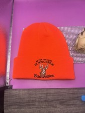 Vintage 90s Budweiser Blaze Orange Buck Deer Hunting Patch Beanie Cuffed Hat
