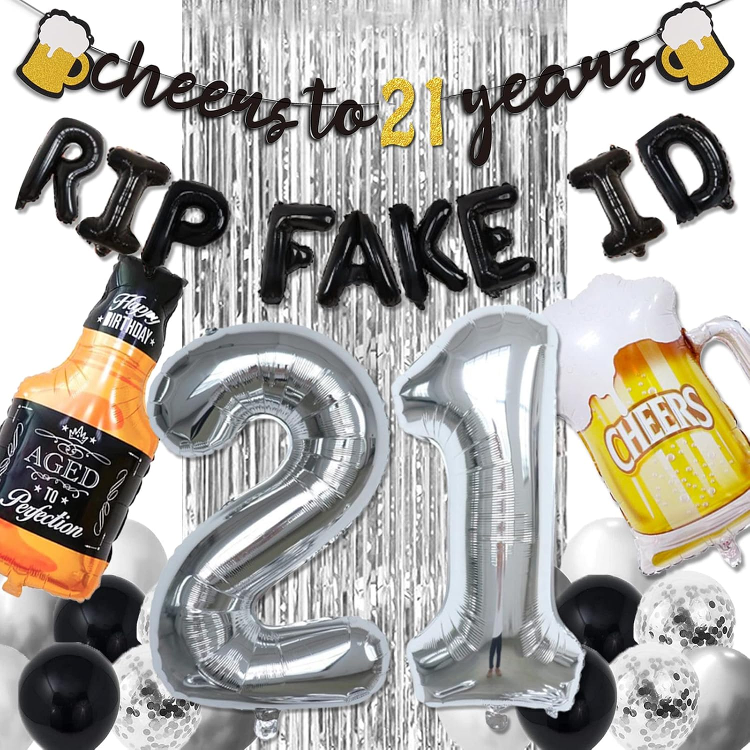 Black and Silver 21st Birthday Decorations for Him with Cheers 21 Banner