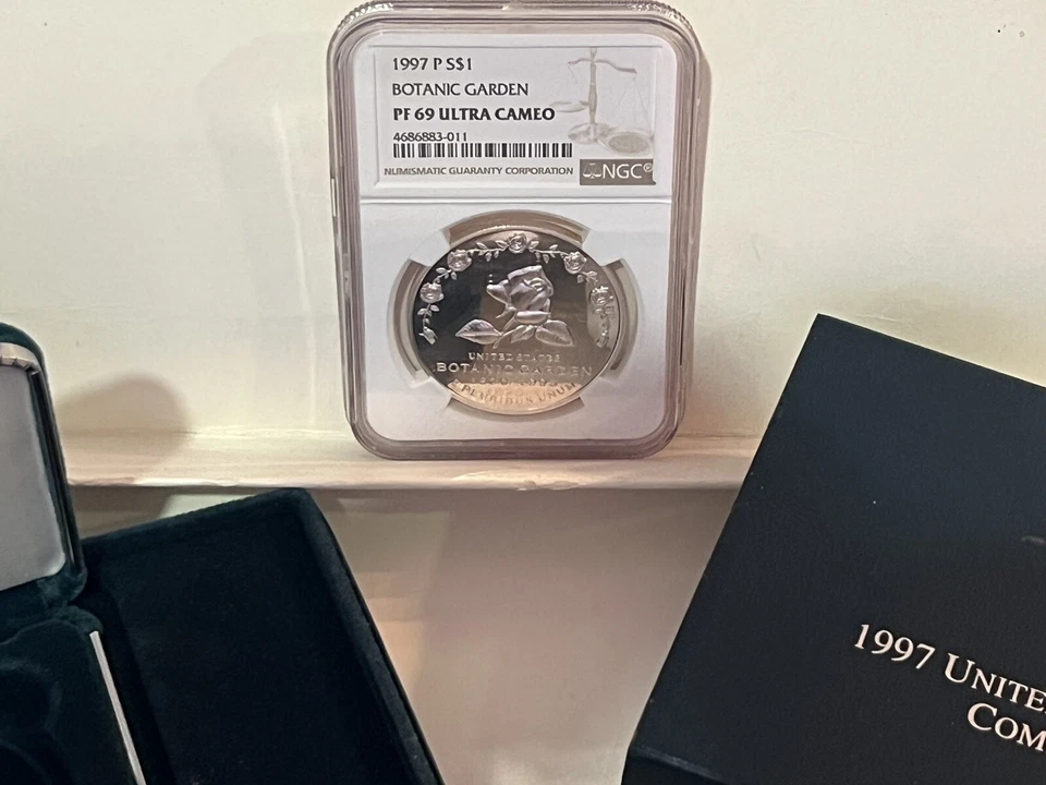 1997 P  1 oz 90% PROOF SILVER DOLLAR. BOTANIC GARDEN. NGC PF 69 UC +OGP+COA.     - Image 2 of 4
