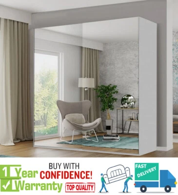 DS STORE ETNA Modern Bedroom FULL MIRROR Sliding Double Door Wardrobe - 3 SIZES - White