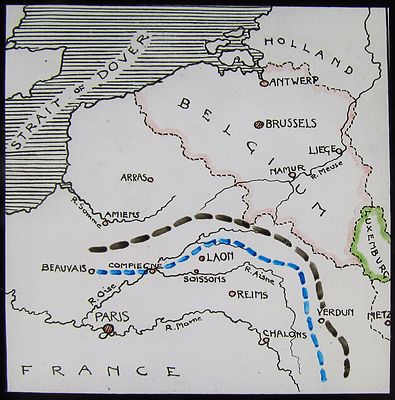 Glas Magische Laterne Dia KRIEGSKARTE ZEIGT DEUTSCHEN VORMARSCH AUF PARIS NR2 WW1 