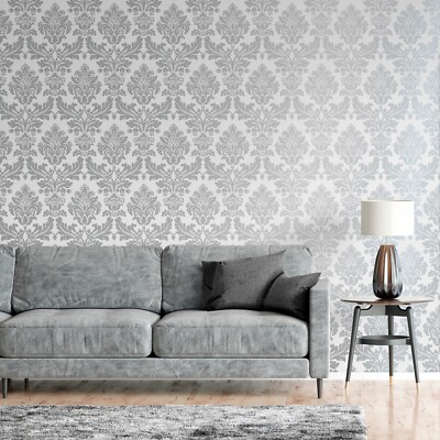 Silbergrau Damast Tapete Floral Feature Vintage Retro Metallic Glatte Oberfläche