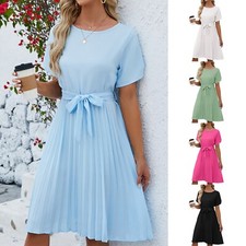 Women Short Sleeve V Neck A-Line Dress Solid Summer Casual Pleated Midi Dress