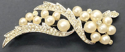 Vintage Signed BSK Rhinestone & Faux Pearl Silver Tone Swirl Design Pin Brooch