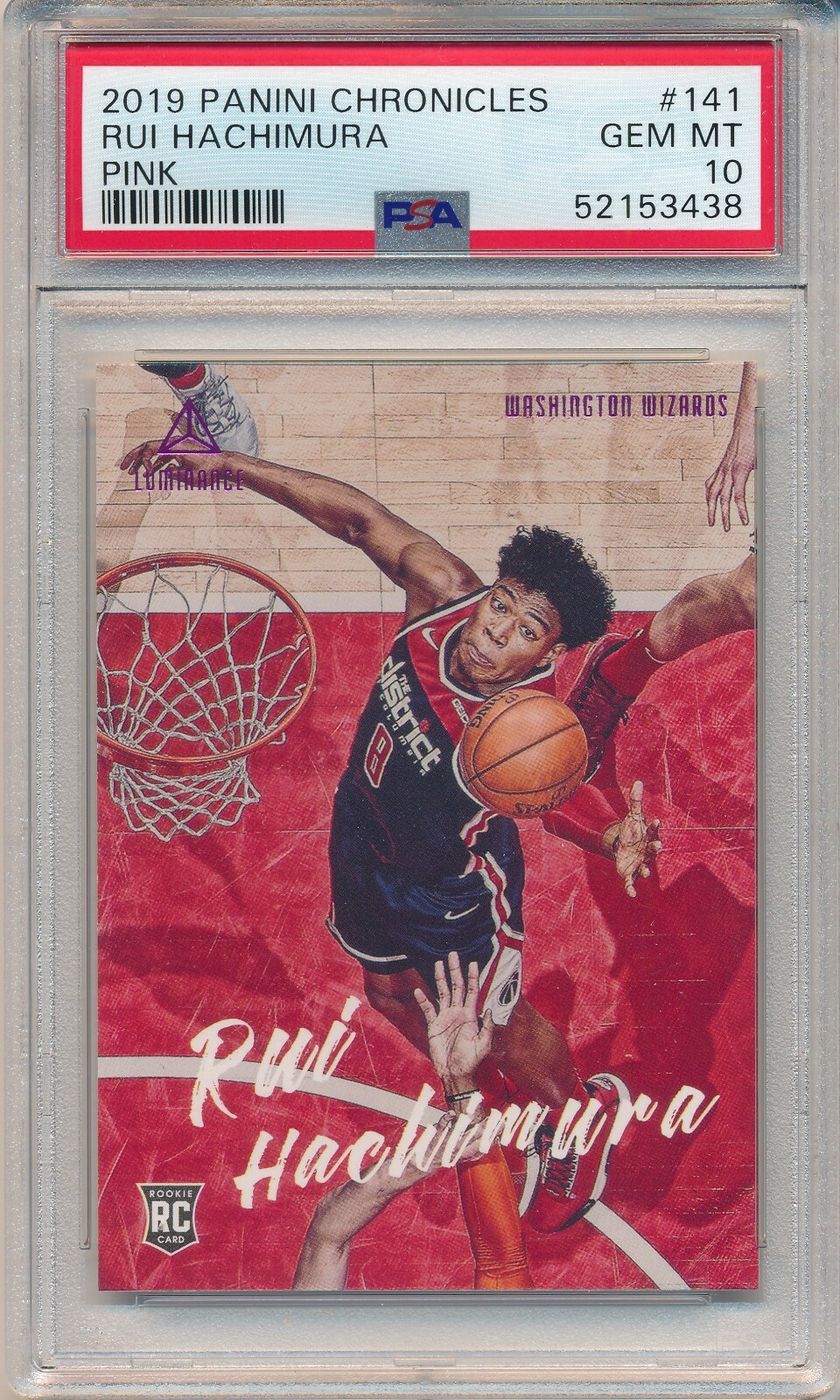 2019 PANINI CHRONICLES LUMINANCE PINK RUI HACHIMURA #141 RC PSA 10 ROOKIE