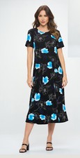 JOSTAR Slinky LONG DRESS Poly Spandex Knit Black Aqua FLORAL S M L XL 2X 3X
