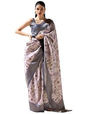 Women's Silk Blend Bagh Printed Saree With Unstitched Blouse