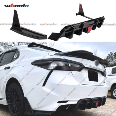 For 2018-2024 Toyota Camry SE XSE Glossy Black Rear Bumper Diffuser W/LED Light