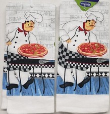 Set of 2 Same Printed Velour Kitchen Towels 15"x25" FAT CHEF WITH PIZZA PIE, K C