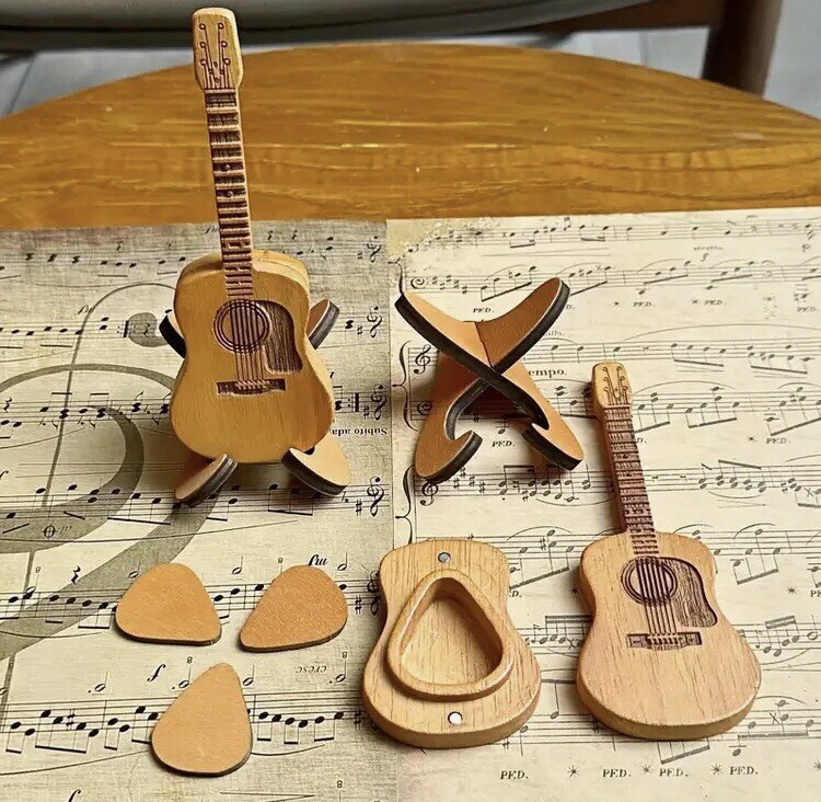Wooden Guitar Pick Holder with 3 Picks and Stand, Portable and Great Gift  