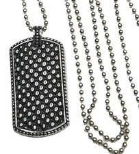 Signed MC Stainless Steel Textured Dog Tag Pendant w Chain Mens Unisex Necklace 