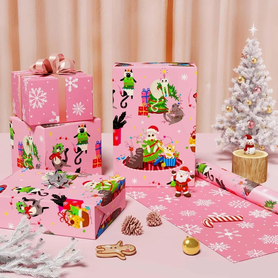 Rollo de papel de envolver Navidad gato rosa WERNNSAI - 1 rollo 17”x 33 pies reversible Foto 2 de 4