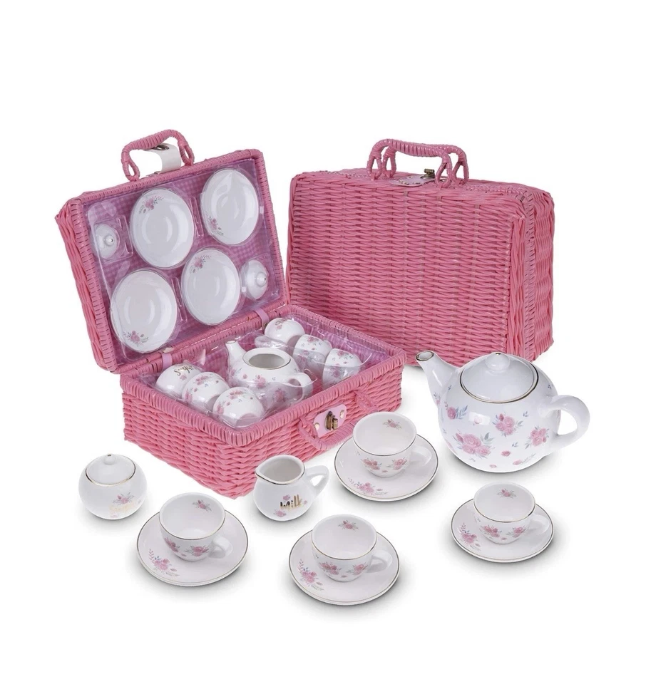 Jewelkeeper Porcelain Tea Set for Little Girls with Pink Picnic Basket, Flora... - Image 4 of 4