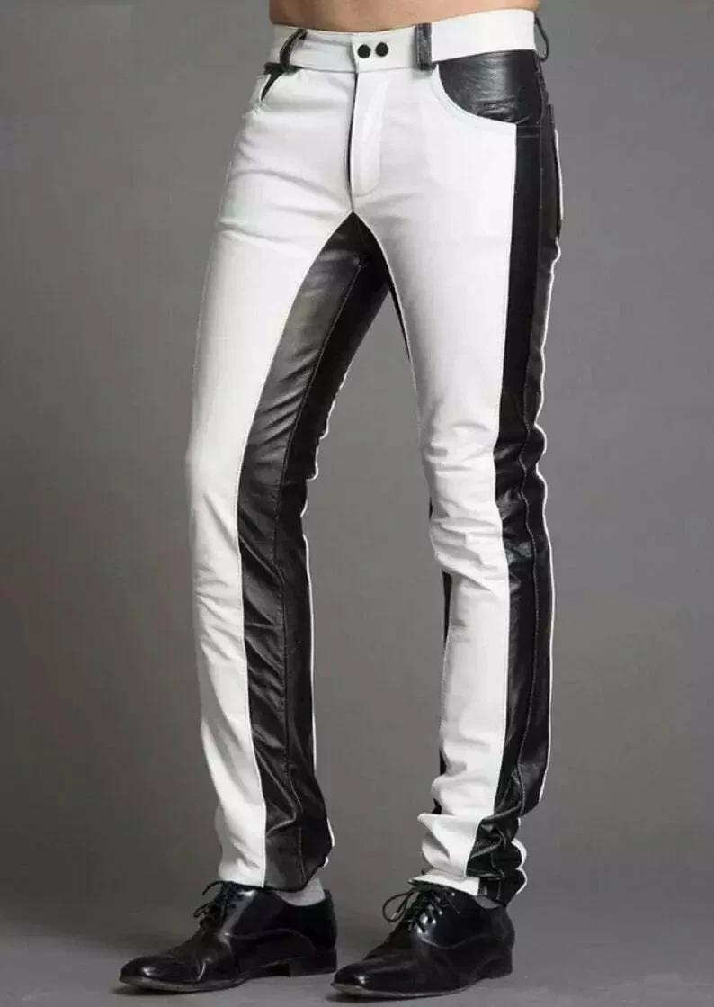Men's Real Leather Bikers 5 Pockets Jeans Pants White & Black Leather Pant