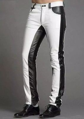 Men's Real Leather Bikers 5 Pockets Jeans Pants White & Black Leather Pant