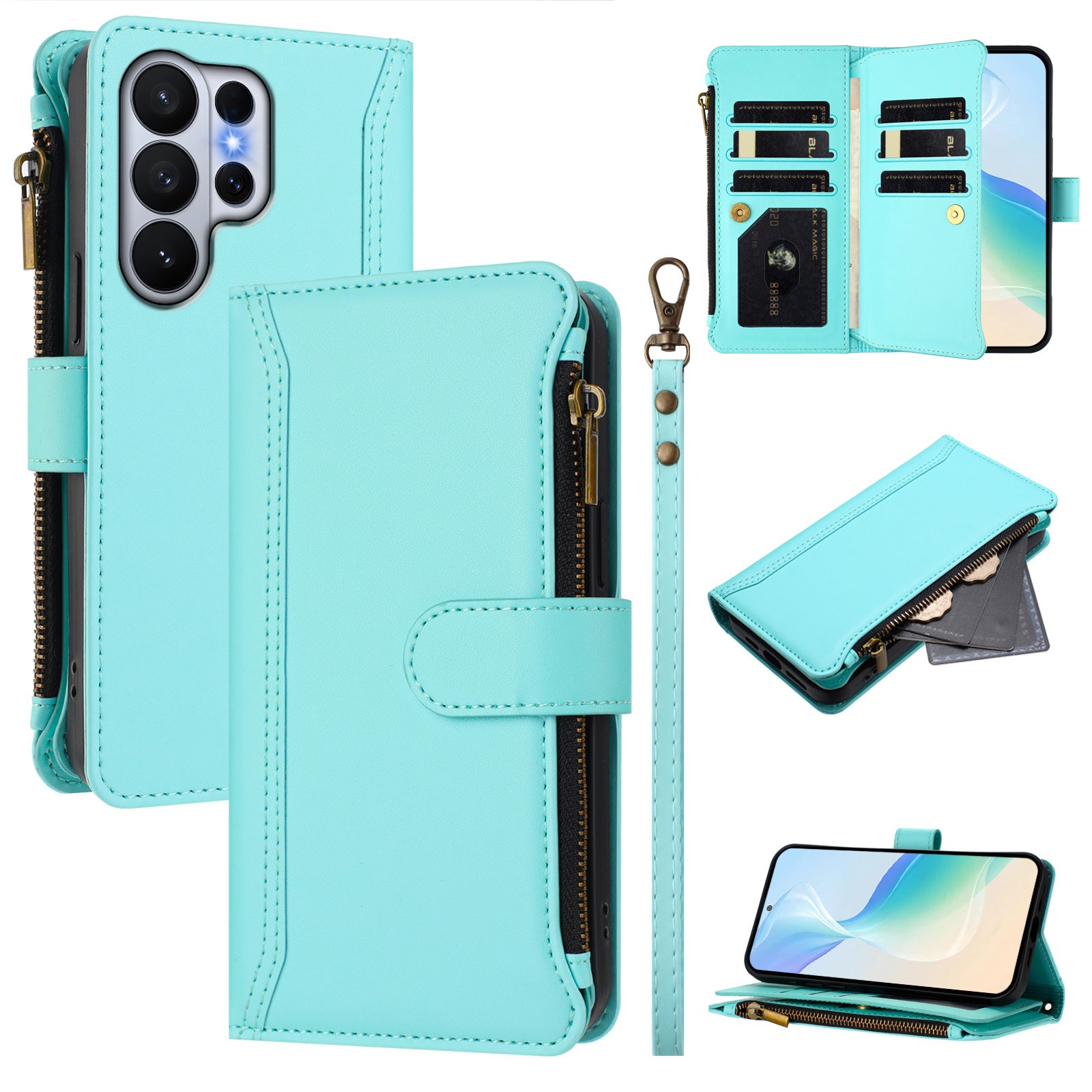 Zipper 9 Card Leather Wallet Case For Various Phone Bag Flip