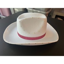 White Felt Cowboy Hat Pink Glitter Band Iridescent Rhinestone Studs Western