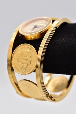 Franklin Mint Golden Caribbean Coin Watch Bracelet 22K Gold Plated