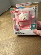 Nuby Silicone Wrist Grip Teething Mitten - 3 Months, Pink Owl