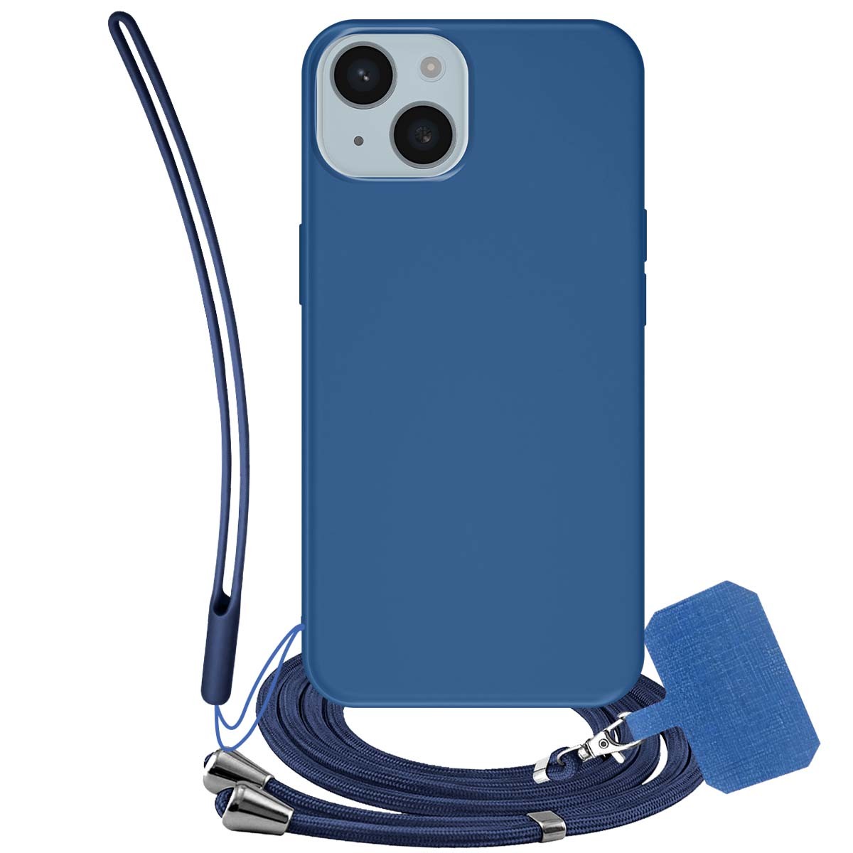 Coque silicone iPhone 15 Plus bleu marine finition velours avec lanières unies