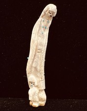 ZUNI Hand Carved Antler Fetish Mother & Child Turquoise Onyx Native American 5"