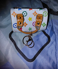 Mini Purse Keychain Bag Charm Zipper Tan Handles White Multicolor Monogram